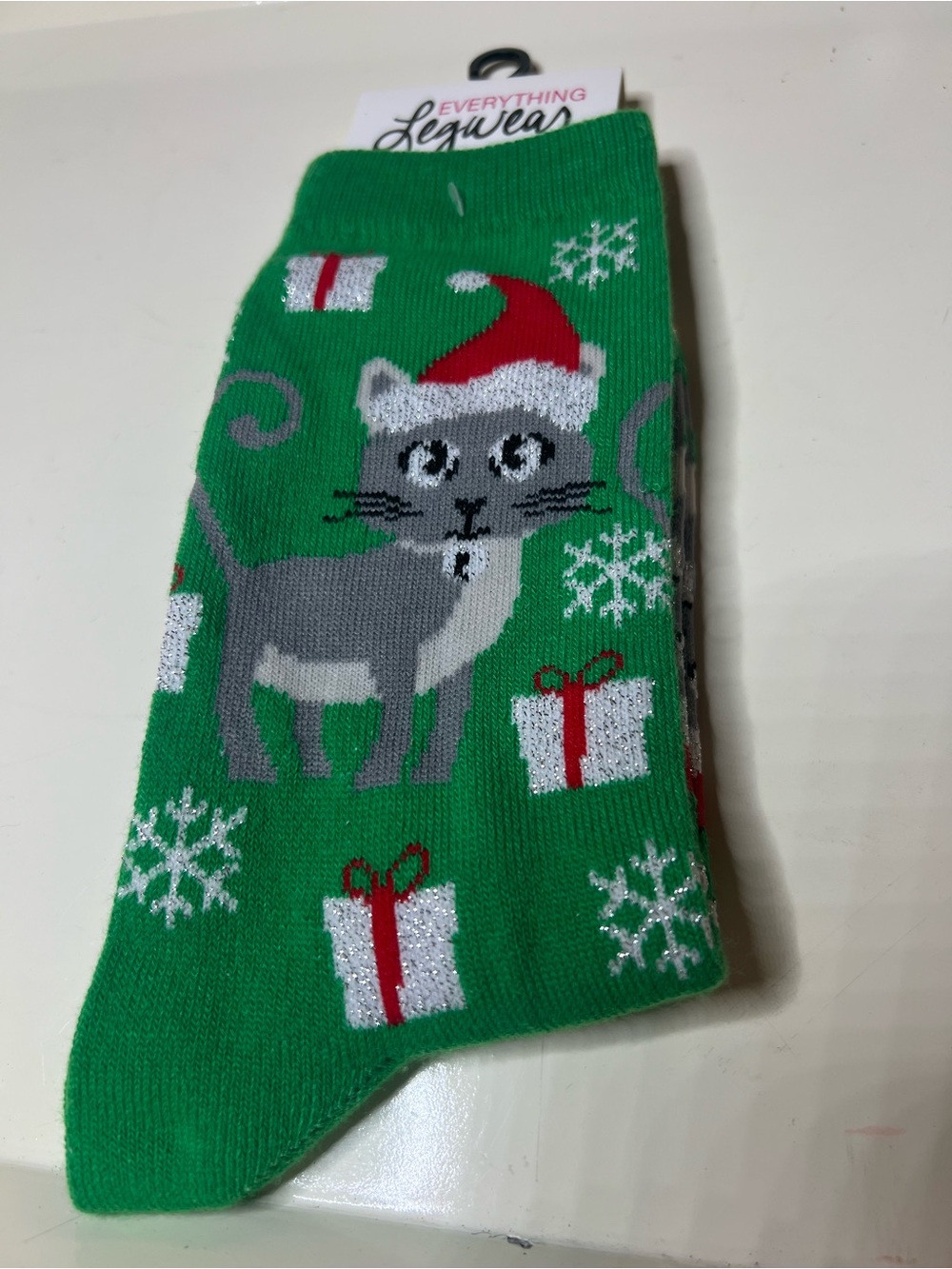Green Holiday Cat Socks - Women's Festive Crew Socks